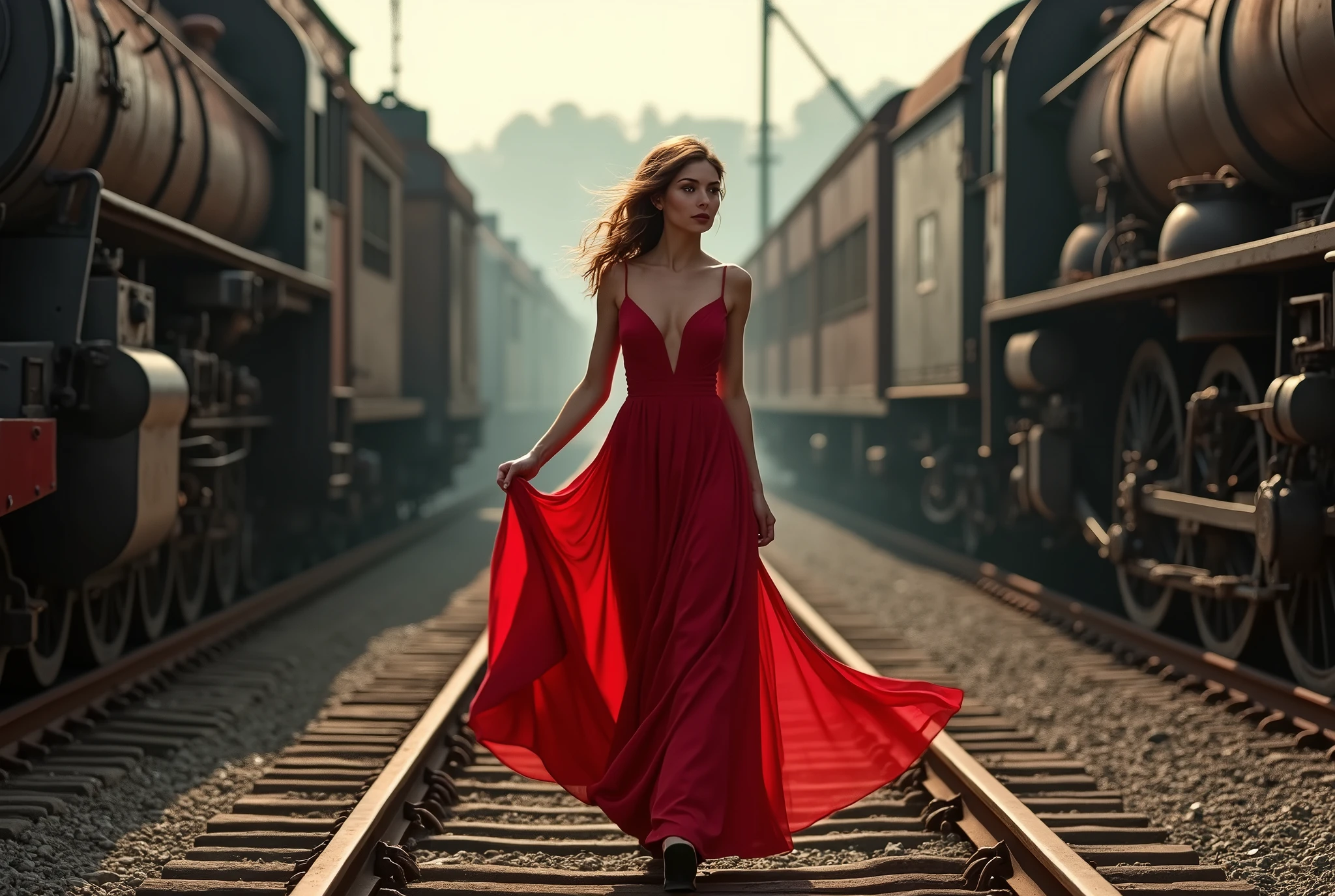 there is a woman walking down the train tracks in a red dress, cinematic photograph concept art, dieselpunk railway station, beautiful digital artwork, miss aniela, by Alexander Kucharsky, by Artur Tarnowski, amazing wallpaper, 500px, 5 0 0 px, photography alexey gurylev