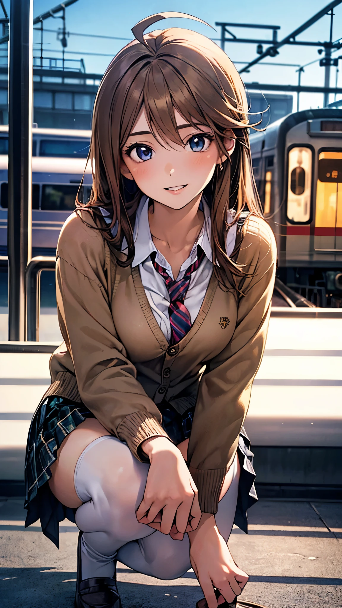 (masterpiece:1.2, highest quality), (realistic photo:1.4), beautiful illustrations, (natural side lighting, movie lighting), 
beautiful hair, beautiful face, detailed and beautiful eyes, beautiful clavicle, beautiful body, beautiful breasts, beautiful thighs, beautiful feet, beautiful fingers, 
looking at the viewer, 1 girl, megumi tokoro, high school girl, (perfect anatomy, anatomically correct, super detailed skin), cute symmetrical face, , perfect face, perfect eyes, 
(long hair, straight hair, light brown hair), bangs, ahoge, dark blue eyes, big eyes, (medium breasts, seductive thighs), perfect body, shiny skin, slender, 
(detailed cloth texture, break long sleeve khaki color knit cardigan, closed cardigan, break light pink collared shirt, break green plaid pleated skirt, break cobalt blue and red stripe tie, break brown thigh-highs), break 
(beautiful scenery), evening, (train station:1.1), squatting, break (lovely smile, upper eyes, parted lips), 