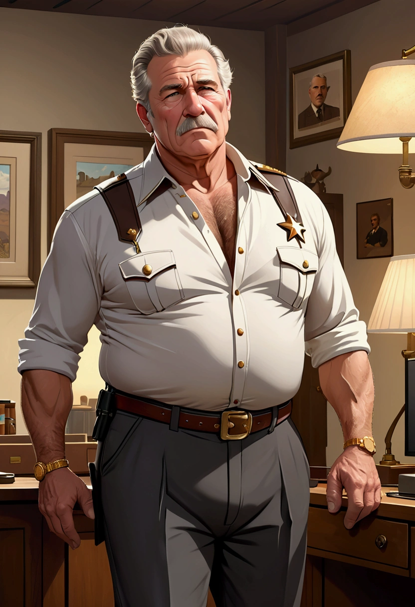 (8K, top-quality, masterpiece: 1.2), (Age: 60, White man, retired sheriff ), (Disgusting, Horny: 1.1), (Muscular, Chubby: 1.1), (Kind: 1.3), (Wearing a shirt unbuttoned to the navel, Mature Daddy), (Dress Pants: 1.3), (Very Hairy chest and belly, Small Hard Nipple), (Visible Bulge), (Loafer: 1.2),
Imagine a masterpiece of an image, captured in the highest resolution of 8K, showcasing a white man in his sixties, playing the role of a retired sheriff
