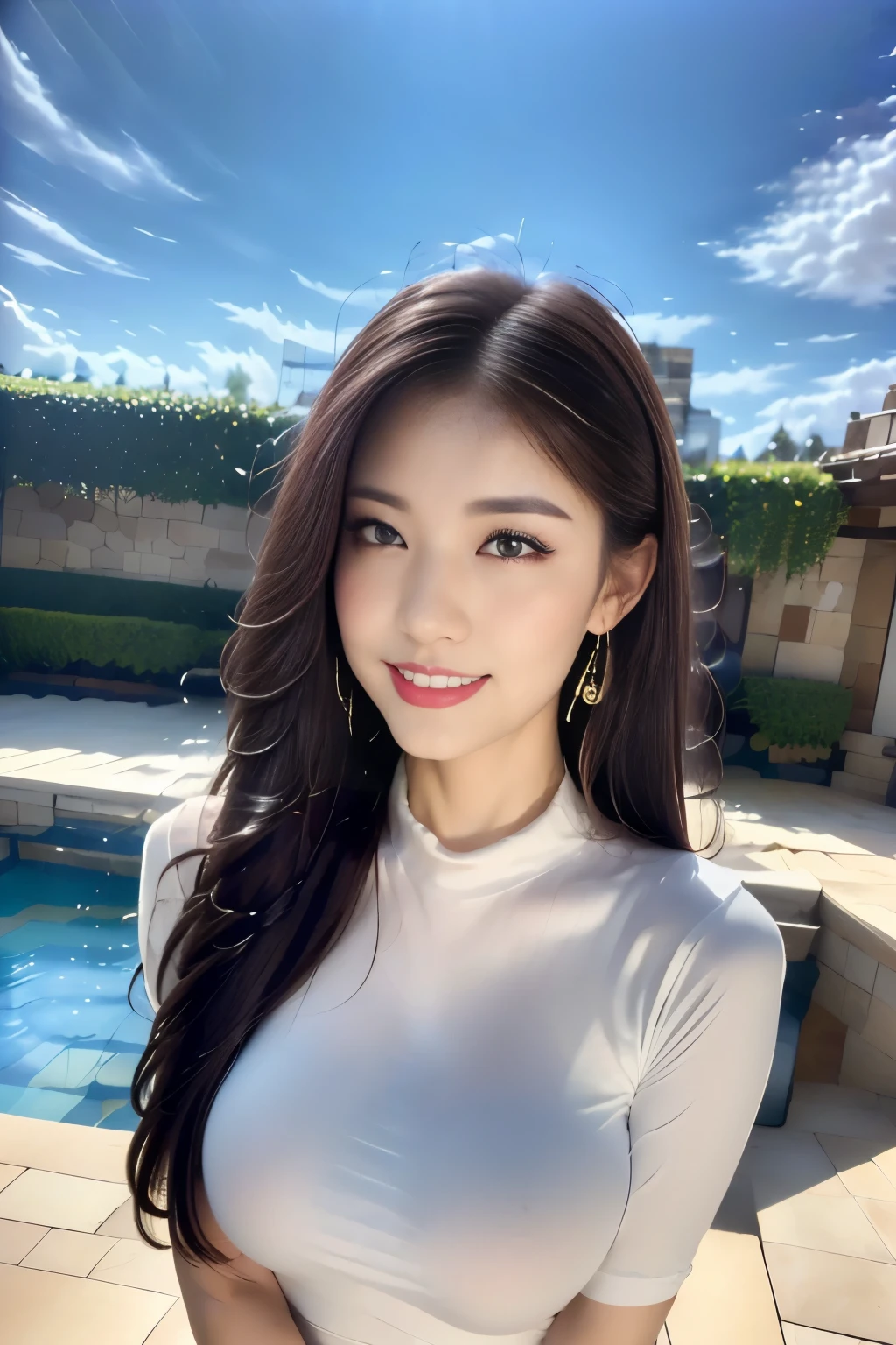 ((Highest quality, 8k, masterpiece :1.3)),actress,outside,Tokyo Disneyland,Cinderella Castle,Fountain and pond,(Full Body Shot),Affectionate smile,Saggy breasts,Beautiful pose,Looking into the camera,Red lipstick:1.2,Dark lipstick:1.2, double eyelid,White T-shirt,Yellow Jacket,(Orange tight skirt),(masterpiece: 1.3), (Maximum resolution: 1.4), (Ultra-high resolution: 1.2), Cinematic Light, Ultra-high resolution, Detailed eyes and skin, 8k resolution, Perfect Style, Beautiful expression,Highly detailed face,Glossy Lips:1.2,Straight Hairstyles,look forward to,Very tall,blue sky