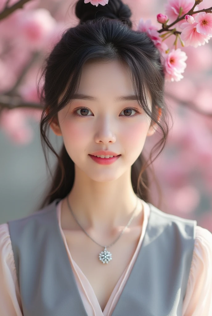 Alafid (Arafed) Asian woman wearing necklace and grey vest, beautiful young Korean woman, gorgeous young Korean woman, beautiful south Korean woman, Korean Girl, a Young Asian woman, Korean woman, Young and cute Korean face, Portrait of a Korean female idol, Young Asian Girl, Beautiful Asian girl, Young Asian woman, Young cute pale Asian face