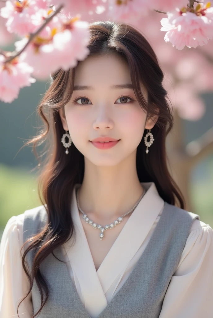 Alafid (Arafed) Asian woman wearing necklace and grey vest, beautiful young Korean woman, gorgeous young Korean woman, beautiful south Korean woman, Korean Girl, a Young Asian woman, Korean woman, Young and cute Korean face, Portrait of a Korean female idol, Young Asian Girl, Beautiful Asian girl, Young Asian woman, Young cute pale Asian face
