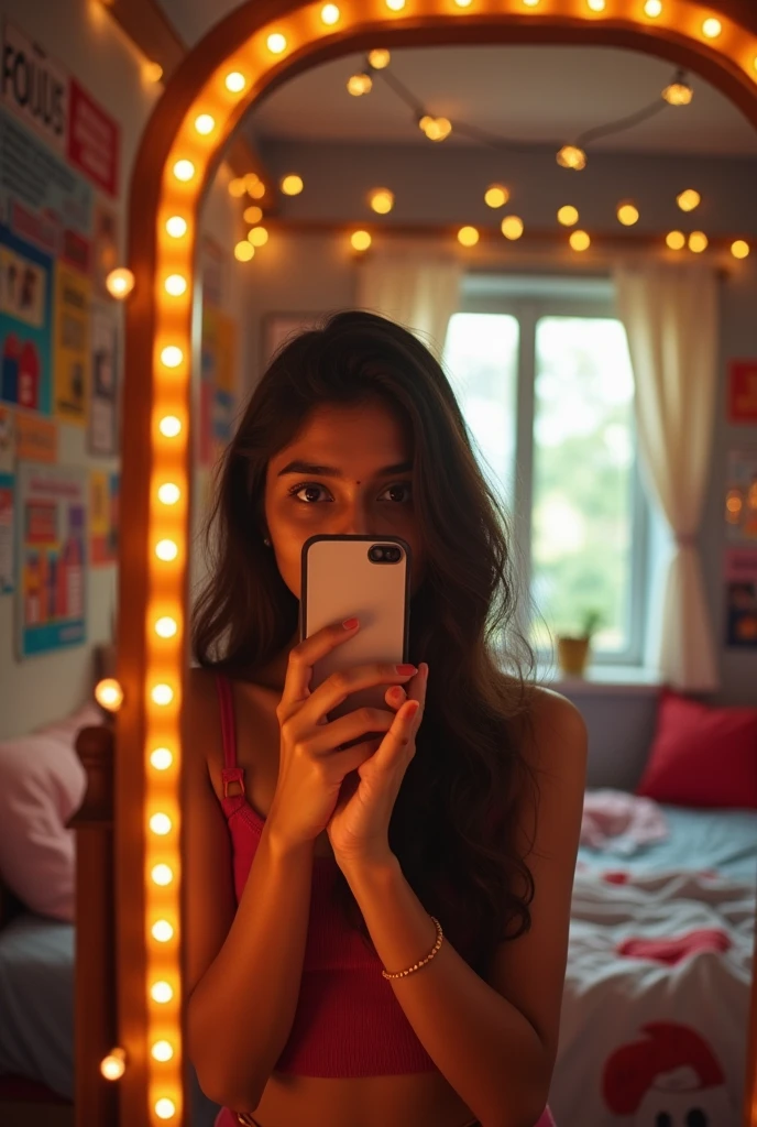 A girls mirror selfie. She must be 19-20 years old and Indian , she should be having fair complexion , the phone should be Iphone , her face should be hidden by the phone