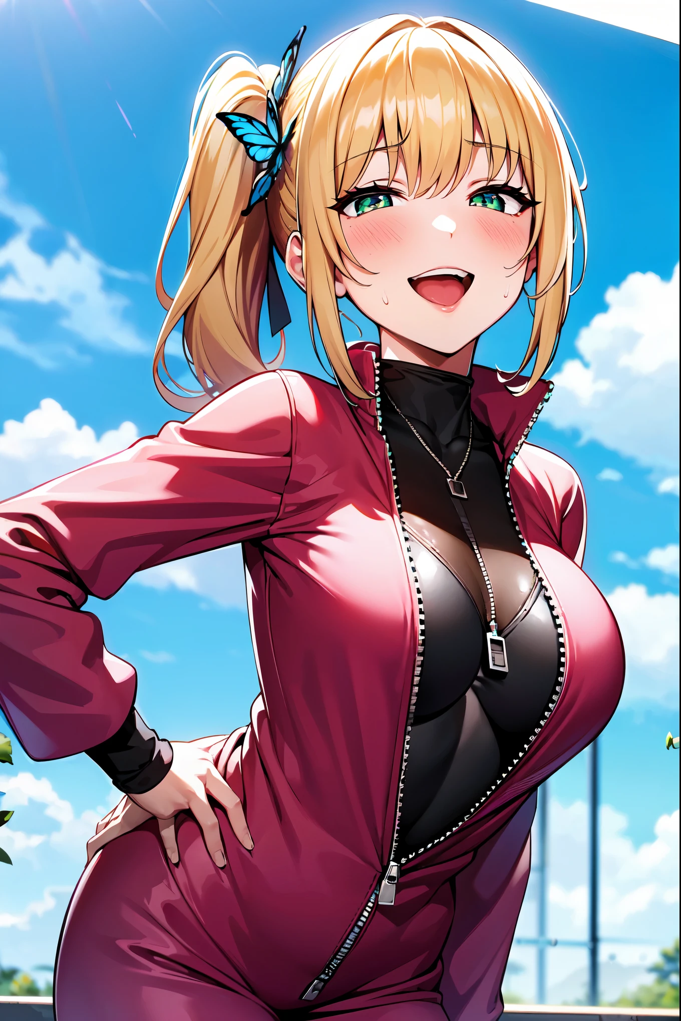 ((super high quality,Ultra-high resolution,16K,super masterpiece,Ultra HD,Ultra high definition:1.3,))One Girl,Short wavy blonde hair,Short Side Ponytail,(Black-purple hair tie shaped like a butterfly:1.4,)Emerald eyes,West 83cm,Height: 155cm,Slender body,Cleavage,((A sexy pink jumpsuit with a daringly open neckline.:1.5,)Tight collar:1.2,A zipper that opens from the neck to below the chest:1.3,Fine zipper,)(light blue butterfly necklace:1.2,)Smiling happily at the camera,Closing one eye and making a peace sign,Place one hand on hip,leaning forward with her body angled forward,sweating all over,Angle looking up from below,a blue sky with clouds and sun,