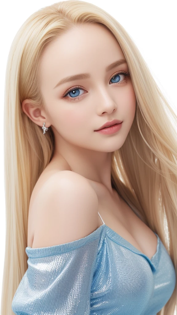 (Off-the-shoulder blouse)、Super long, super long, straight, platinum blonde hair、masterpiece、Highest quality、High resolution、Highly detailed photos、Professional Lighting、(((forehead、White background)))、Strike a Pose、Ruffled blouse、Big Breasts、Portraiture、Bright expression、Young and shiny white skin、Great lookysterious blonde hair reflection、Platinum blonde hair with dazzling highlights、Bright shiny hair,、Super long straight hair、forehead、Sparkling, clear, attractive big blue eyes、A very beautiful, adorable and cute 15 year old girl.、Cowboy Shot、Photorealistic