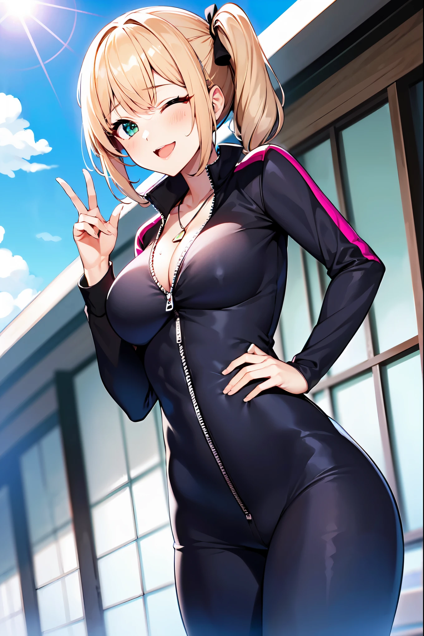 （（super high quality,Ultra-high resolution,16K,super masterpiece,Ultra HD,Ultra high definition:1.3,））One Girl,Short wavy blonde hair,Short Side Ponytail,（Black-purple hair tie shaped like a butterfly:1.4,）Emerald eyes,West 83cm,Height: 155cm,Slender body,Cleavage,（（A sexy pink jumpsuit with a daringly open neckline.:1.5,）Tight collar:1.2,A zipper that opens from the neck to below the chest:1.3,Fine zipper,）（light blue butterfly necklace:1.2,）Smiling happily at the camera,Closing one eye and making a peace sign,Place one hand on hip,leaning forward with her body angled forward,sweating all over,Angle looking up from below,a blue sky with clouds and sun,