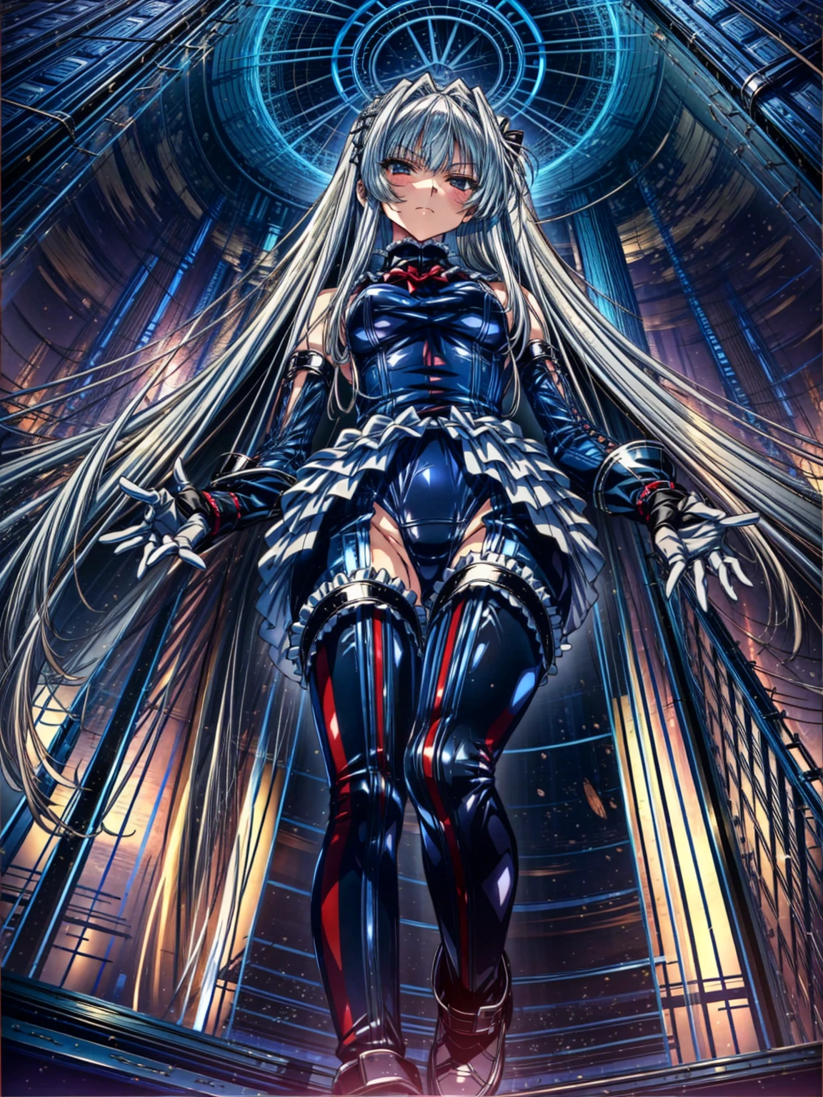 Perfect Anatomy, Highest quality, Rose,,Provocative attitude
(Inside a futuristic base:1.1)(Emotionless,Expressionless:1.4),Anime Style,(Frilled swimsuit, Knee socks, Removed sleeve), (Anime Style:1.4) ,(Three Girls:1.5),
Silver Hair,(White fingers:1.1,Black gloves),Very long hair,Evil Aura,(From directly below:1.4),whole body