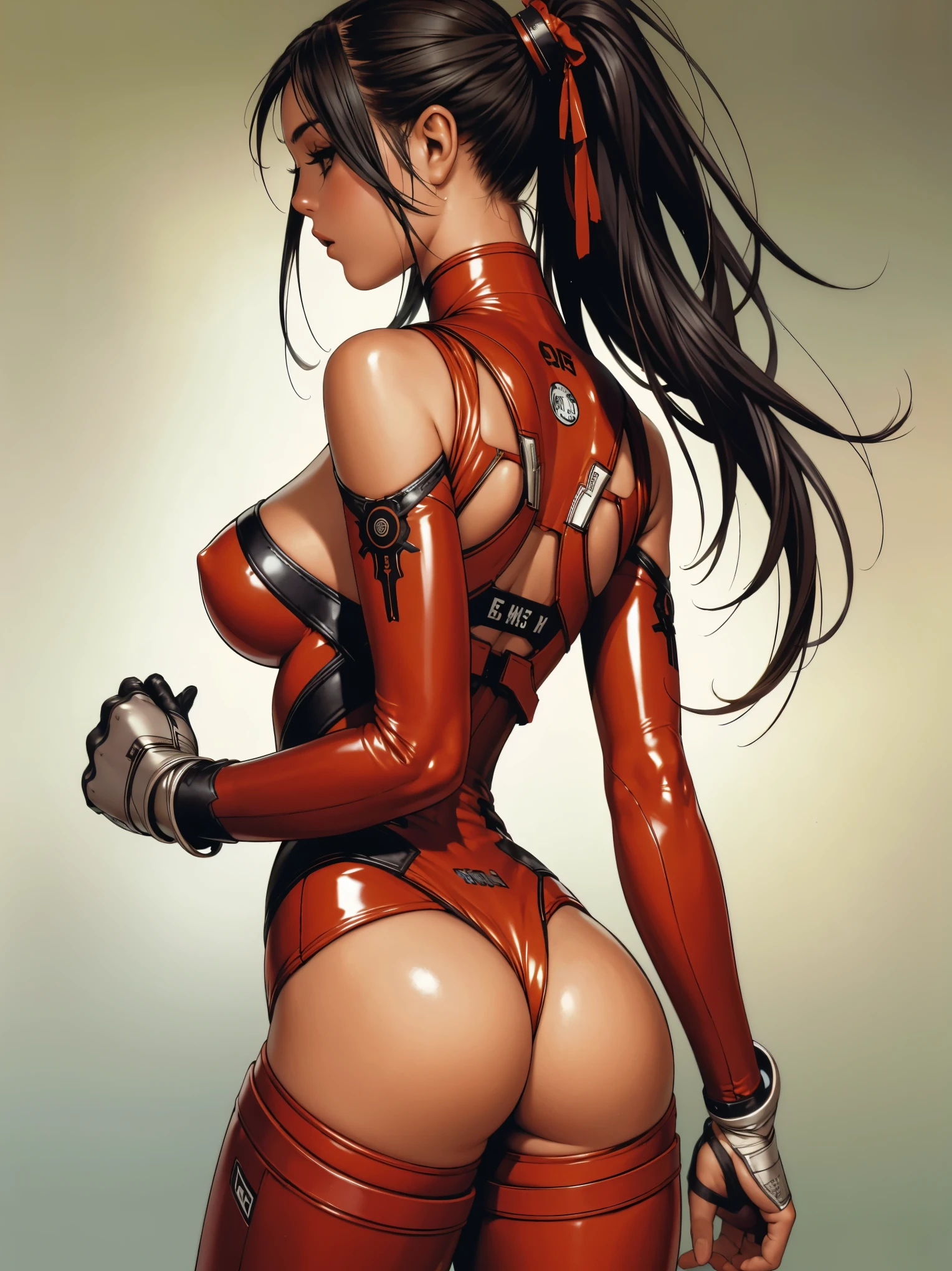 (((back view))), (((perfect ass))), (best qualityer))), (((manga strokes))), (((short arms))), ((( red latex nurse suit ))), (((bandaged arms))), ((high collar)), (((Black clothes with red details))), (((best qualityer: 1.4))), (Unbeatable masterpiece), (hiper HD),(CG 8k hyper-realistic), (((brave face))), (((breasts big))), (((hyper feminine))), sexly girl, Tron,(black bob hair)), ((( sculptural body ))), (((1 Kizi))), Kizi cibernética de 25 anos com perfectbody,,Beautiful and well-groomed face,muscular body:1.2,solid color detailed jacket, (Head to thigh photos), Complex equipment, green dark,Long pants,Tight clothes are dark,With white stars and off-white stripes,,,,,Armor Metal Electronic Parts, Poison tattoos ) INFO, Kizi, (((standing alone))), pirralha violent, ((())), sexly, pose de atitude, work of art, post-apocalypse, (((manga style))), bounty hunter, violent, Manic, the way you want, slenderbody, thin but strong, perfectbody, roupa moderna, advanced technology, neon, sleeves with vertical striped pattern, neutral background, (( cowboy shot )). intricate visual