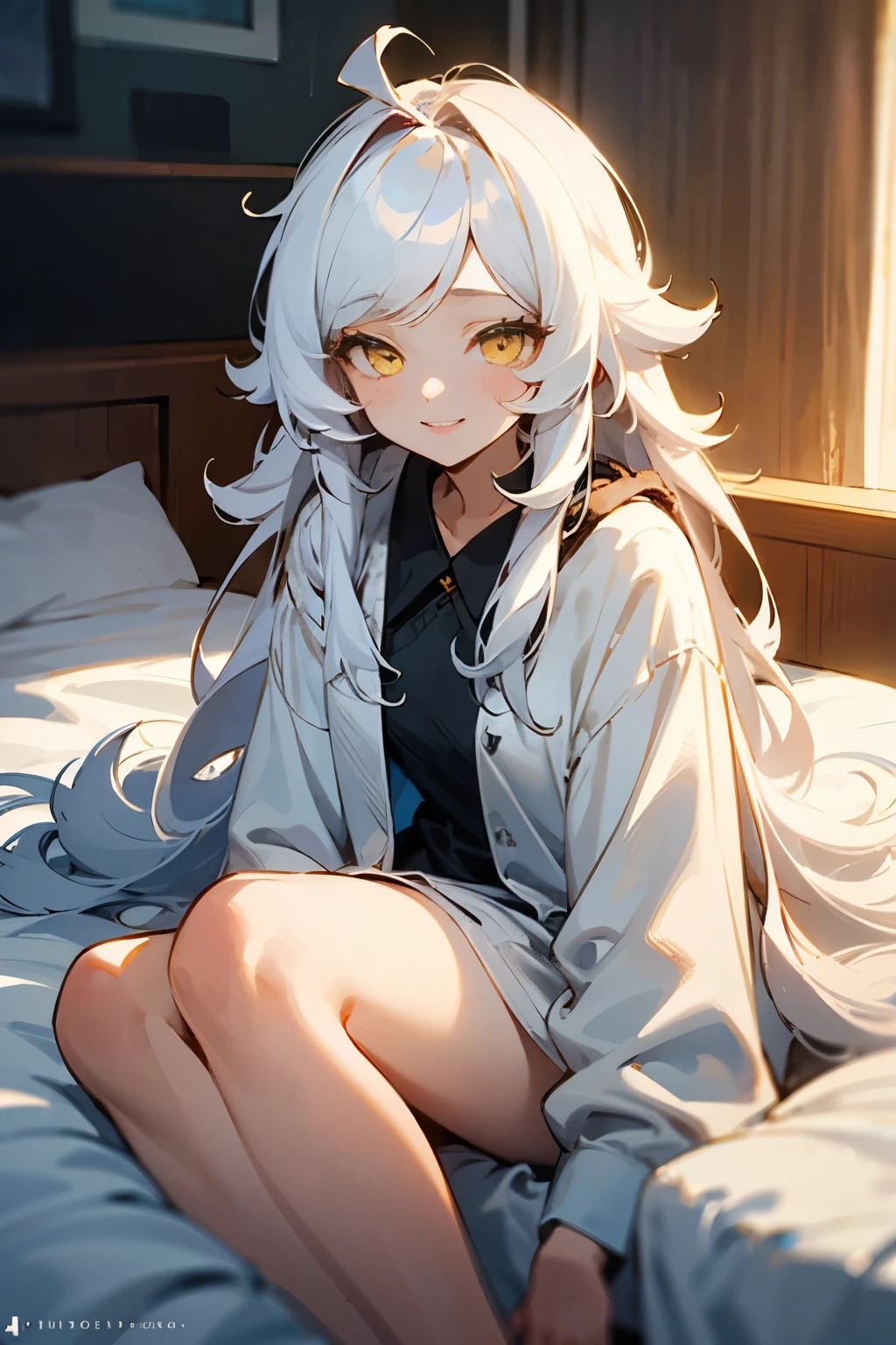 A beautiful woman. Vibrant yellow eyes. Long fluffy hair with bangs. White eyelashes. Smiling playfully. Loose clothes. Just woke up look, sleepy,Long hair. One person. White hair.