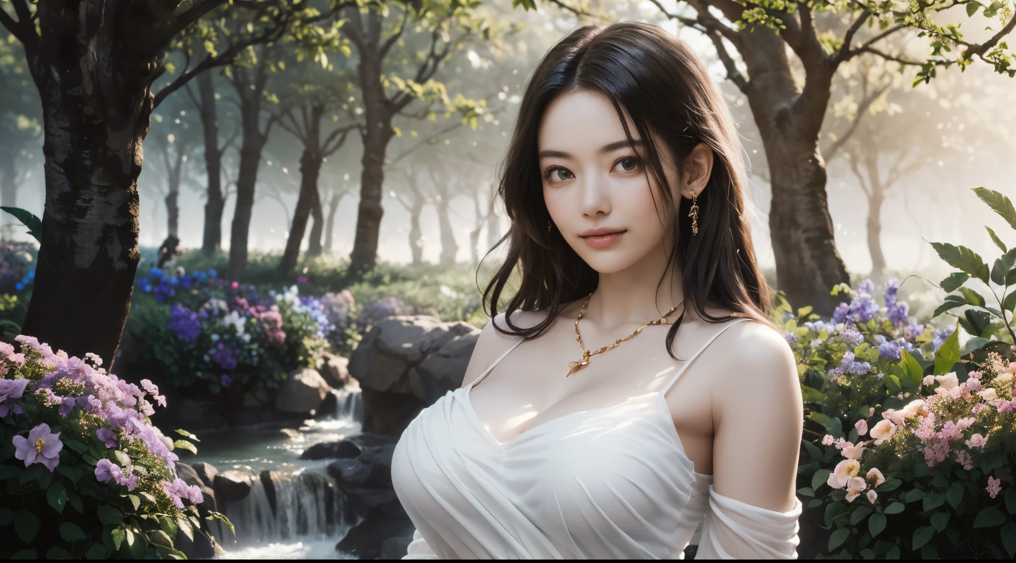 1girl, standing, in the park, draped (see-through:1.2) white dress, opulent golden-trim, detailed face, (looking at viewer:1.4), (gigantic breasts:1.2), delicate crystal necklace, waterfalls, surrounded by lush, vibrant greenery, blooming flowers, and softly glowing light, gentle smile, alluring peaceful posture, warm sunlight filtering through trees, ((soft, diffused lighting, high bloom, glowing light, soft highlights, radiant aura, overexposed edges, dreamy illumination, hazy glow, ethereal light:1.4), (subtle light flares:1.2), tranquil setting, vibrant colors, surreal, heavenly vibe, paradise-like environment, detailed textures, relaxing mood, close-up shot,