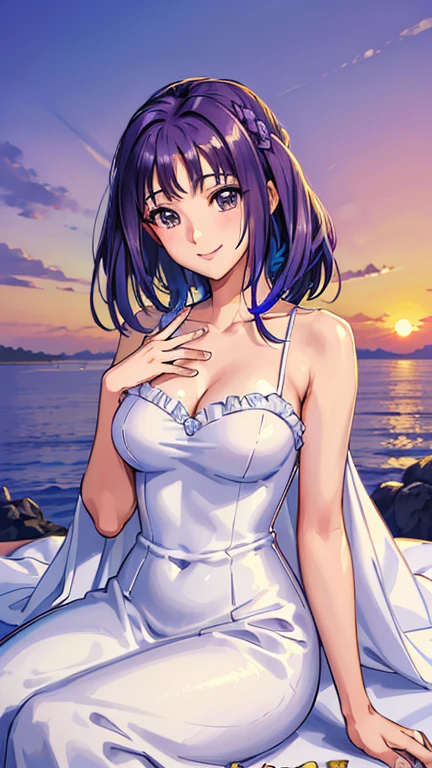 ((masterpiece, Highest quality, Highest quality, Official Art, beautifully、beautiful:1.2)),((masterpiece)),((Vibrant colors)),((Ayako Katagiri)),((幸せそうなsmile)),((smile)),((looks fun)),(White dress),(((Side bust))),(sunset),(Shoulders exposed)