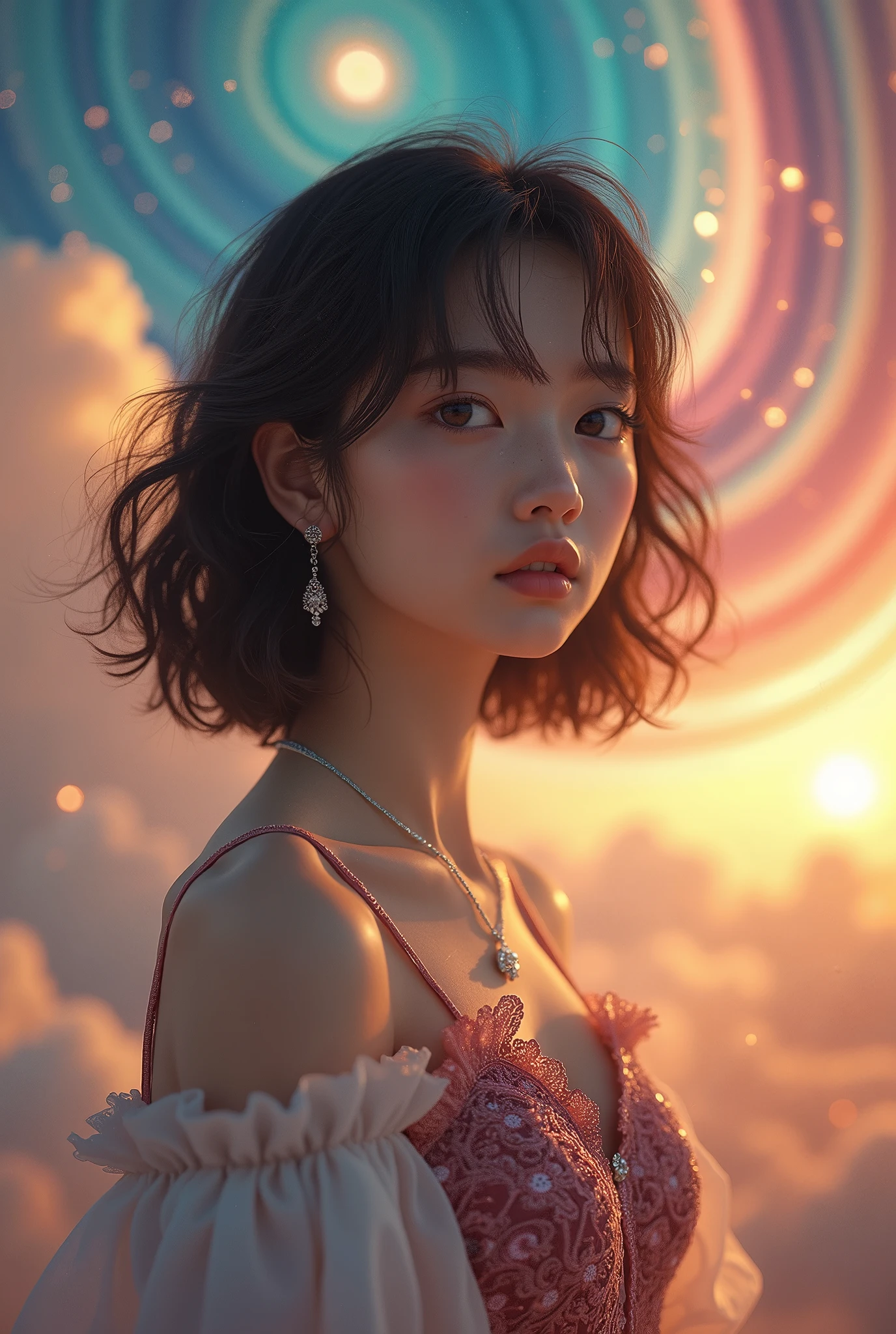 Masterpiece 32K RAW photo with best quality, ultra-detailed and insanely intricate. A dynamic angle captures a mysterious scene with spiral theme, featuring an 18-year-old beautiful Japanese girl with fair skin, kawaii features. She has brown, big eyes, casual wavy medium hair, detailed skin, and wears a detailed dress with intricate fabric, a necklace, and earrings. She is standing under the spiral beautiful and strange colorful sky,