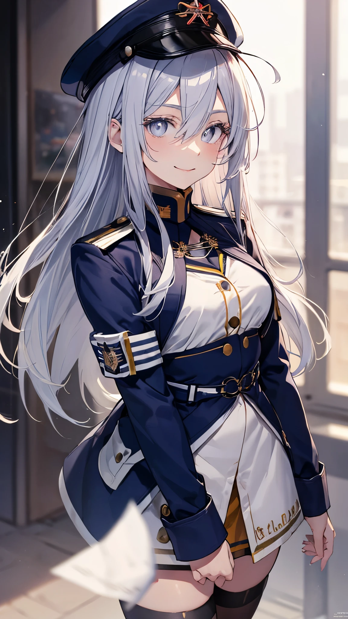 Content:
An anime woman in a military uniform. She has light blue eyes, white hair that ends halfway down her back, and knee-high military boots. She wears a confident smile, looking very mature, with her hands on her hips.

Medium:
Digital art, anime illustration.

Style:
Pixiv contest winner, fine art, with elements inspired by historical military aesthetics and anime character design.

Lighting:
Dramatic, with strong contrasts to highlight her authoritative presence and the details of her uniform. Subtle shadows to add depth and realism.

Colours:
A palette dominated by military greens, blacks, and silvers, with the light blue of her eyes and white of her hair standing out against the darker tones of her uniform.

Composition:
A full body shot with a 50mm lens. The background is a snowy scene, as if a blizzard is happening behind her. She salutes to the camera, showcasing her confidence and authority.