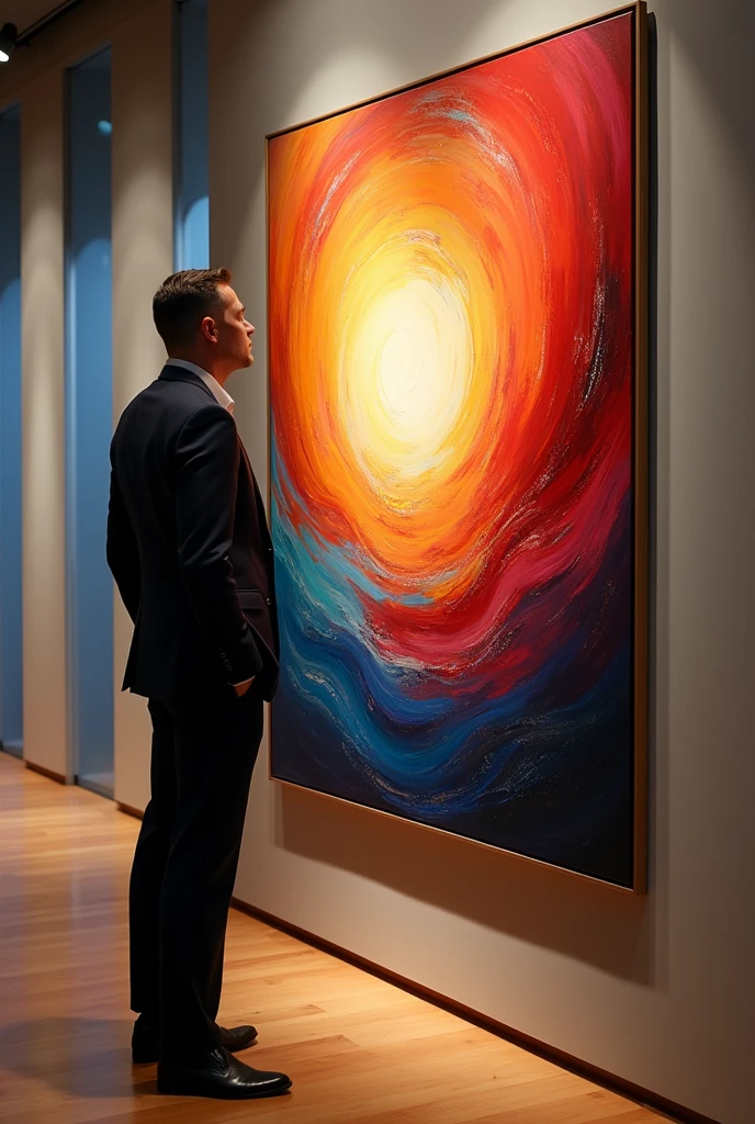 A man next to a painting of 1.6x2m