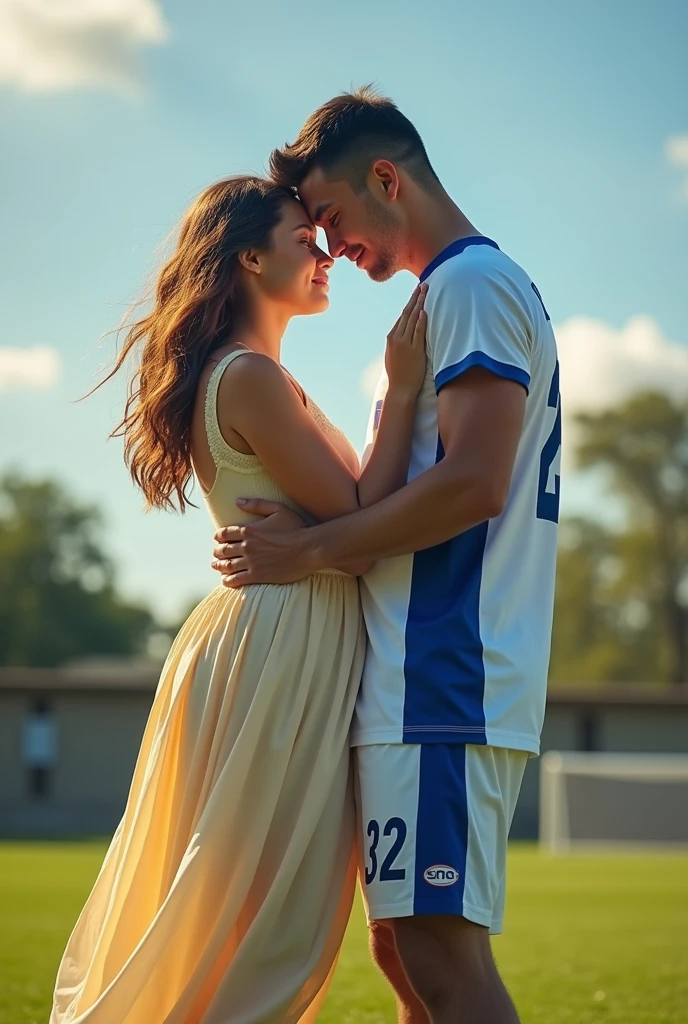 In Football s ground boy and staring at each other lovely boy wearing football jersey 32 girl is wearing glasses and a dress  they are adult looking at each other intense gaze make girl hair open and they are hugging each other  stop smiling they are not smiling  make disappear back ground chang his jersey to white and blue girl is wearing dress make boy look like man make girl hair open girl wear dress  make girl chubby Little bit