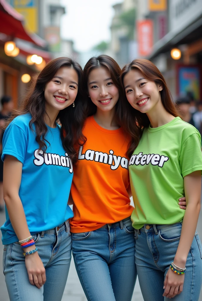 A group of three Korean women standing closely together, each wearing a vibrant t-shirt with their names—Sumaiya, Lamiya and Whatever —boldly printed across the front. The colors of their shirts are bright and eye-catching, reflecting their lively and dynamic personalities. They stand confidently, smiling and radiating a sense of unity and friendship.