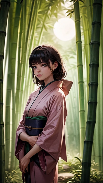 Bamboo Forest,Moonlight, woman in kimono