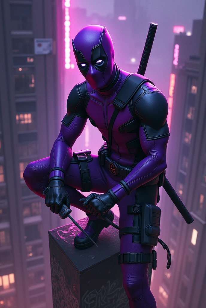 Create an alternate universe Deadpool with a purple and black suit and a symbiote.