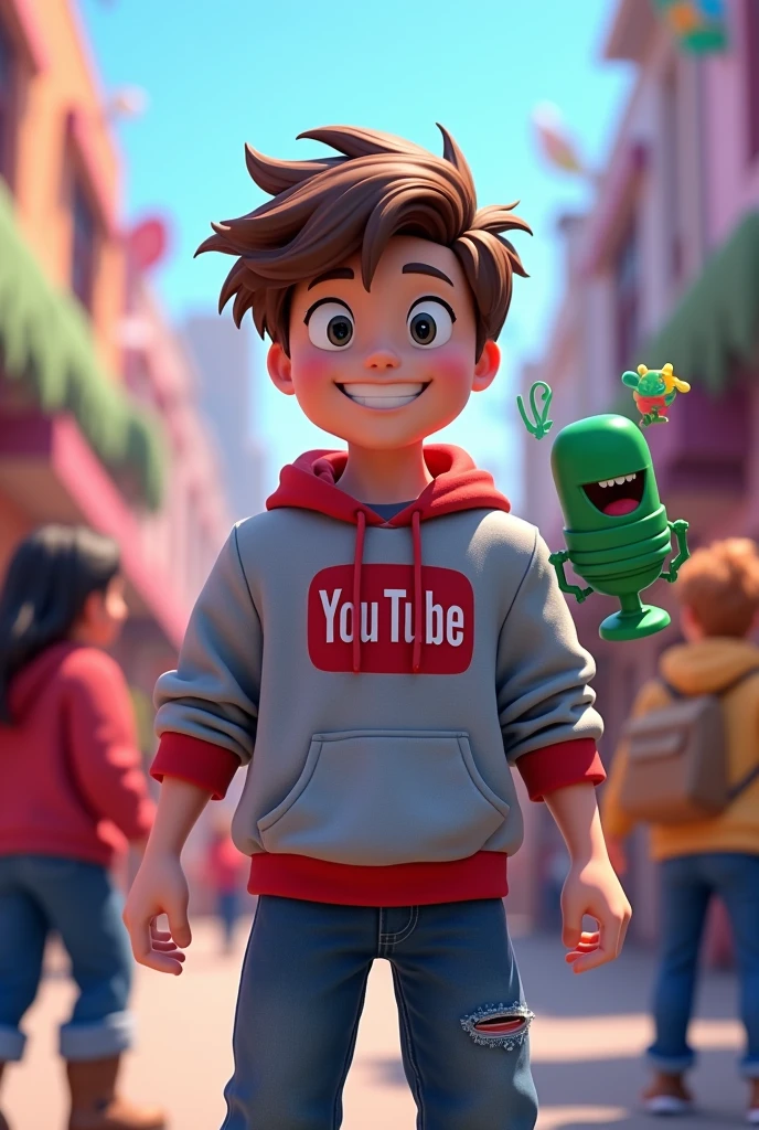 Create a Roblox boy for a thumbnail of a game in Roblox gfx, With medium brown hair, a YouTube sweatshirt, and next to the head of the person who is using voice chat, a microphone, since my game is about talking through a microphone on Roblox, I want a green animated microphone next to him and talking to 2 people. 