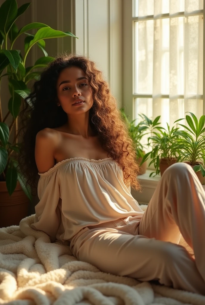 (photorealism:1.2), beautiful woman, sitting on bed, wearing loose off-shoulder top, pajama pants, long curly hair, indoors, soft lighting, plants in background, window with sunlight, cozy room, relaxed pose, realistic, intricate details, warm colors, by Greg Rutkowski, by Alphonse Mucha