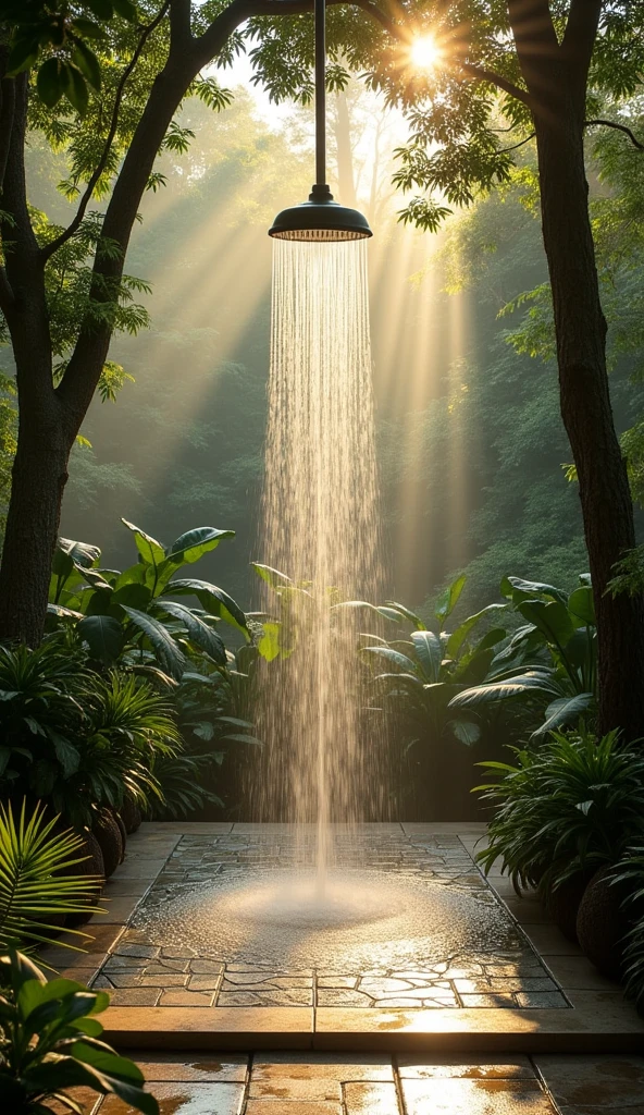 A luxurious outdoor shower in a tropical rainforest at dawn, with sunlight filtering through the dense foliage and steam rising from the warm water as it cascades over smooth stone tiles.