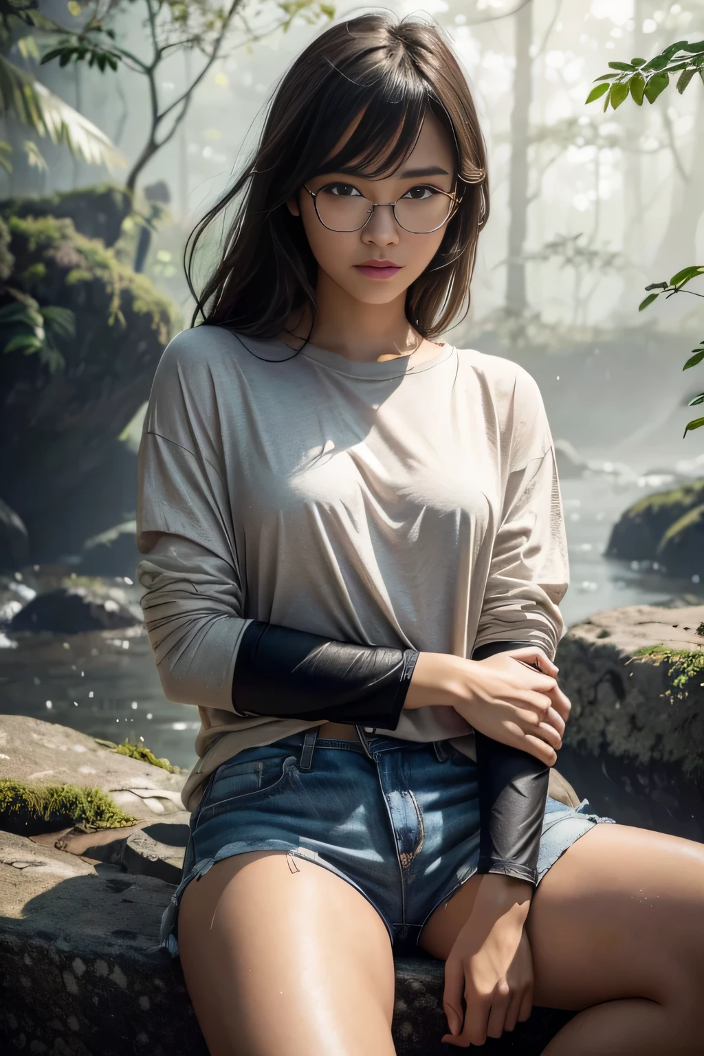 photorrealistic, (close up:1.3, exposed face), wide angle, (viewed from below), a young Japanese woman wearing wet and dirty clothes (longsleeve (t - shirt:1.2), oversized t - shirt, hot pants), a beautiful hyper-realistic girl with grayish blue eyes and glasses, natural sagging of the breasts, high detailed official artwork, beautiful girls with slender body and busty posture, flowing messy hair, Legs long, attractive young woman, (sitting with bent leg poses:1.3, crossed arm holds chest up), Freezing, on the wet trail (foggy jungle:1.2), natural background, rainy daytime, dubnitskiy david fanart, true-to-life portrayal, suave photorrealistic, perfect look of a beautiful girl, beautiful girls with soft and tender face, Facial Focus, makoto shinkai and artgerm, photon mapping, naturallight, warm color tones, bright coloured, cool ambient, hazy atmosphere