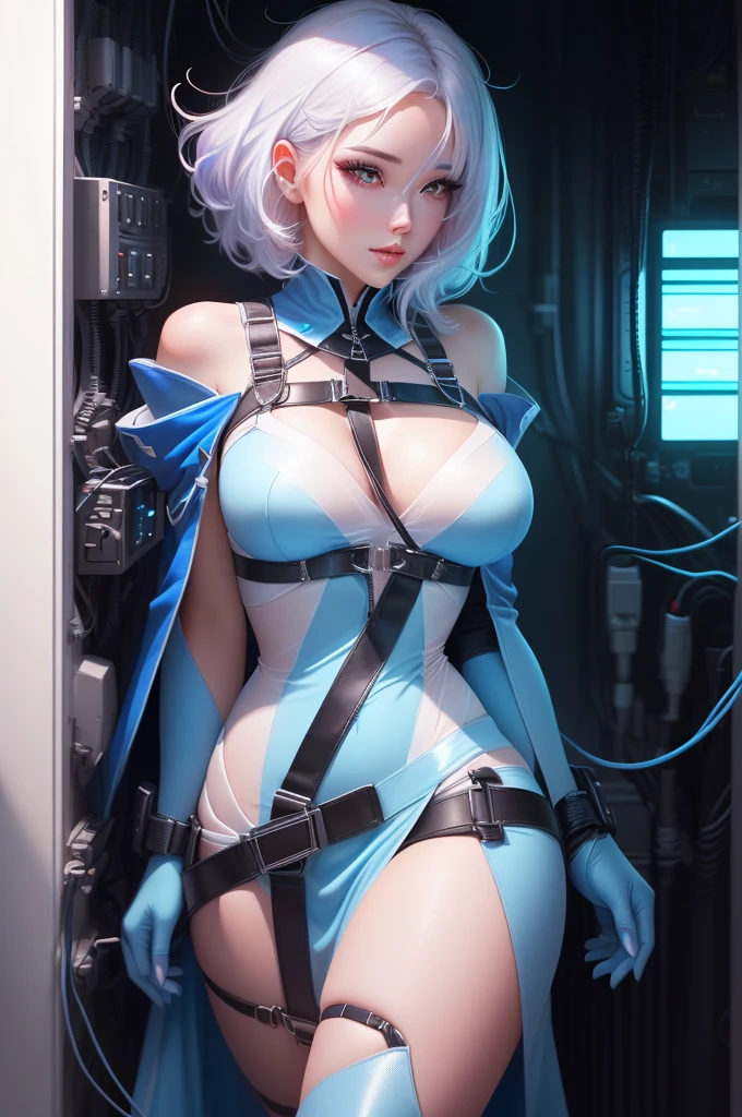 a cartoon picture of a woman with a blue harness and a white hair, commission for high res, realistic shaded perfect body, with blue skin, she has pale blue skin!!!, oc commission, shiny white skin, trendin on artstation, smooth blue skin, cables on her body, wlop glossy skin, rossdraws cartoon vibrant, inspired by rossdraws