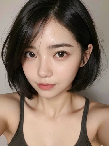 　Photo of one woman, Symmetrical face、Highly detailed face and skin texture、No makeup、A small smile、(looking at the camera)、Detailed eyes、Unkempt eyebrows、Symmetrical black eyes、Messy medium-short hair、Thick hair、Coarse hair、High-quality khaki tank top、nice, Japanese Gravure Idol