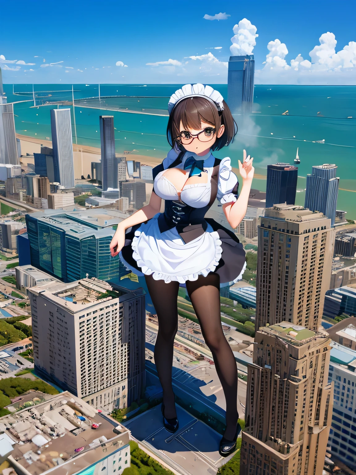 multiple girls, giantess art, highly detailed giantess shots, giantess, most detailed, perfect face, Two legs, Five fingers, A beautiful girl who is bigger than a skyscraper, Wearing rimless glasses, smile, huge breasts, blue base magical girl dress, bow, magical girl, holding a magical wand, black pantyhose, blue stiletto heels, thunderbolt from a magical wand, Destroying cities, Under heavy attack, A very small big city, Miniature metropolis, Full body description, GTS, giga giantess, stomping city, crash city, tiny city, micro city, pantyhose feet, High resolution, highest quality, masterpiece,
