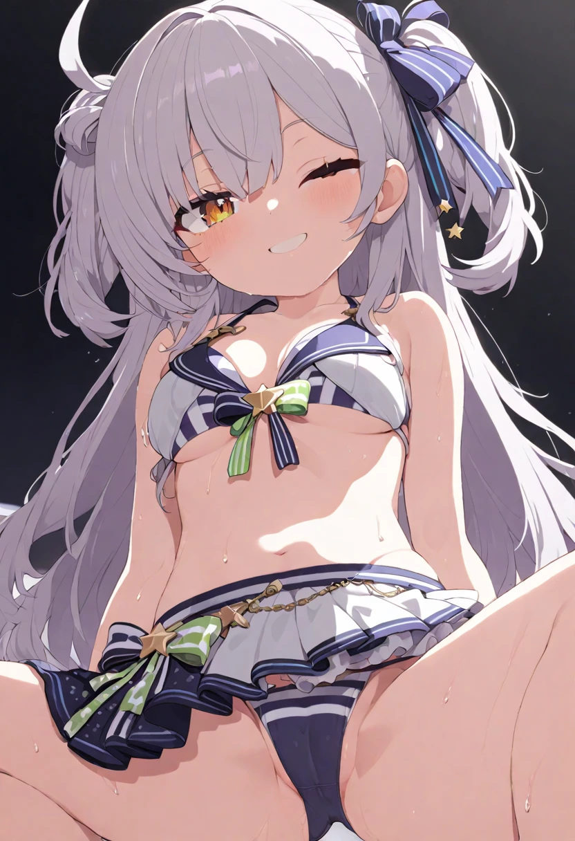 (muste piece), (best quality), (score_9, score_8_up, score_7_up), very detailed eyes, expressive eyes, perfect face, very detailed face, highly detailed face, beautiful girl, 8K, beautiful girl, (white background:1.3), delicate and beautiful face and eyes, dark intense shadow, 1 girl, solo, vtuber style, cool girl, porn girl, (:1.3), hololive, Murasaki Shion, golden eyes, grey hair, hololive summer 2023 swimsuit, bare shoulders, layered bikini, bikini, purple and white striped bikini, bikini skirt, small chest, cleavage, underboob, cropped shoulders, clavicle, cameltoe, Navel-baring, wet body, wet hair, one eye close winking, smile, body visible through clothes, chest visible through clothes, ass visible through thighs, Shiny Oiled Skin, (full body), barefoot, bare thighs, sitting, open legs wide, from below, pov crotch,
