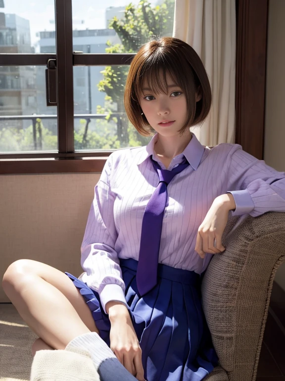 Realistic, High resolution, 1 female, Hip-up illustration enlarged、Beautiful Eyes, The eyes are round, Brown short hair ,High School Uniform、Blue Shirt, Without skirt、Short tie,Purple underwear,squat, Spread your legs,Camel Toe