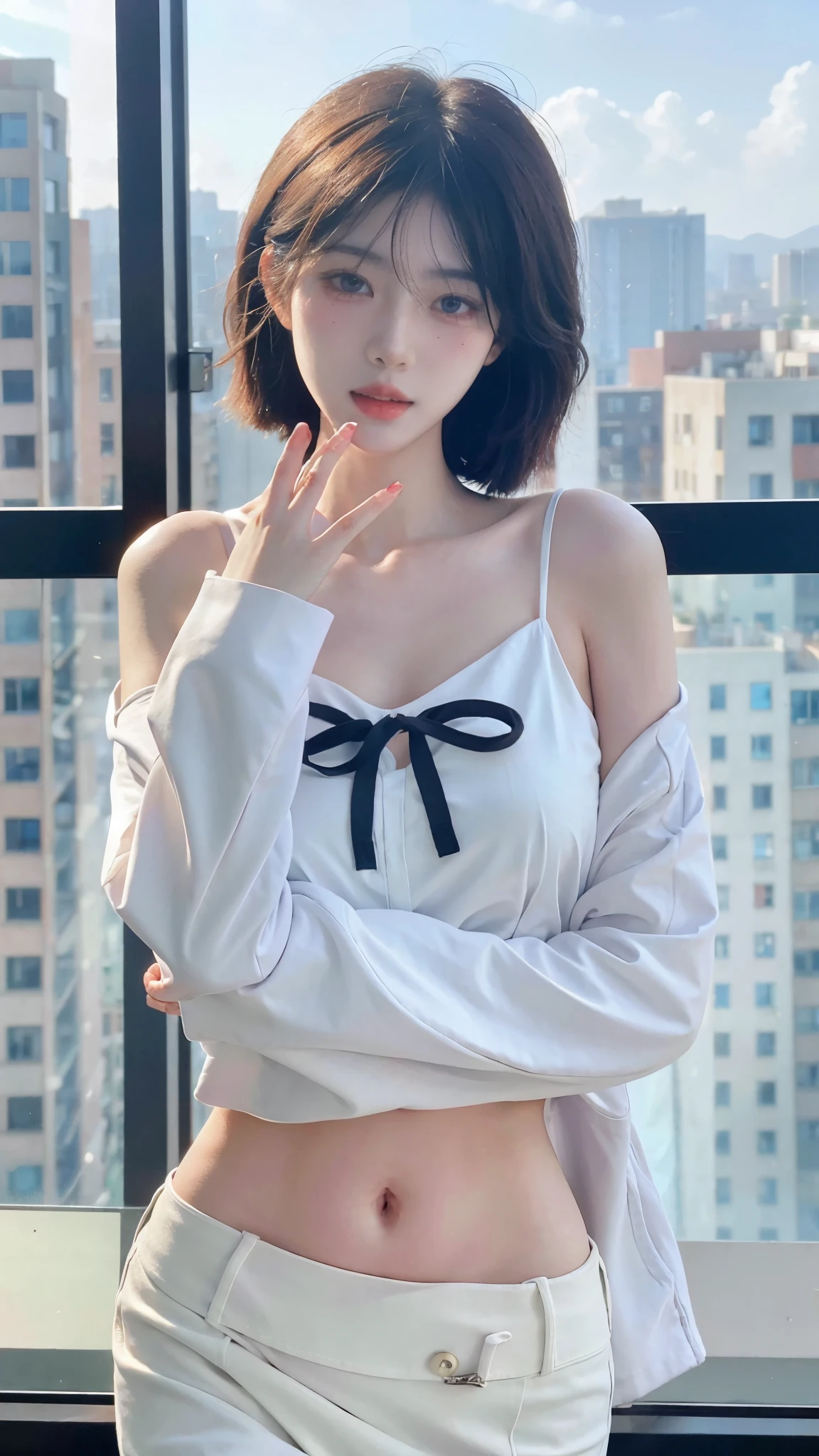 Masterpieces: 1 girl.2 girls, best quality), realism, (real pictures, rich detail details, depth of field), (1 girl called girl, solo), makeup, high detail, perfect face shape, (: 1 girl.4 pcs.), (skin dents), thick thighs, wide hips, thin waist, high, coral, red lips, red eyes, ponytail (girls, shallow tulle, tulle transparent), (sweat: 1 girl.2 girls), (wet), sexy, blush, (shy expression), yellow petal clothes, shirt, stockings,