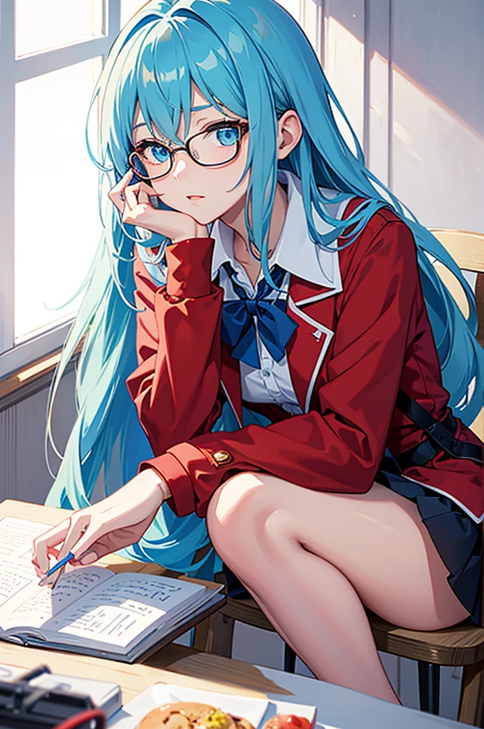 hd, Anime girl, portrait of female student, clean and meticulous anime art, light blue hair, beautiful anime art style, cute anime girl portrait, blue eyes, lovely art style, Soft anime illustration, shy, ((red jacket with white collar and rim)), thin waist, school uniform, long hair, upper body, black rimmed glasses, café, sitting, leaning forward