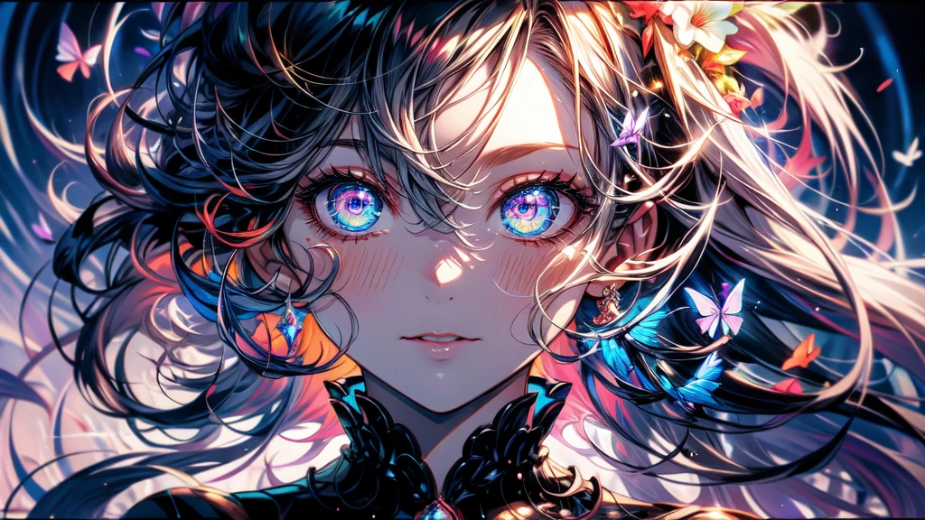 (high quality, 8k), (watercolor painting:1,2, luz outfit:1.5), (((eyes close up))),Upper part of the body, (topaz), blue,rainbow color, A girl, detailed face, detailed eyes, watercolor painting, very magical and dreamy, dreamy and detailed, dreamy and dramatic atmosphere, Beautiful dream lighting, dream atmosphere, Beautiful atmosphere, Dreamy romantic, Dreamy Ethereal Theme, Beautiful atmosphere, animated background art, magical atmosphere + mesa, dream aesthetic, Beautiful details with atmosphere., , expressive eyes, shining brightly eyes
