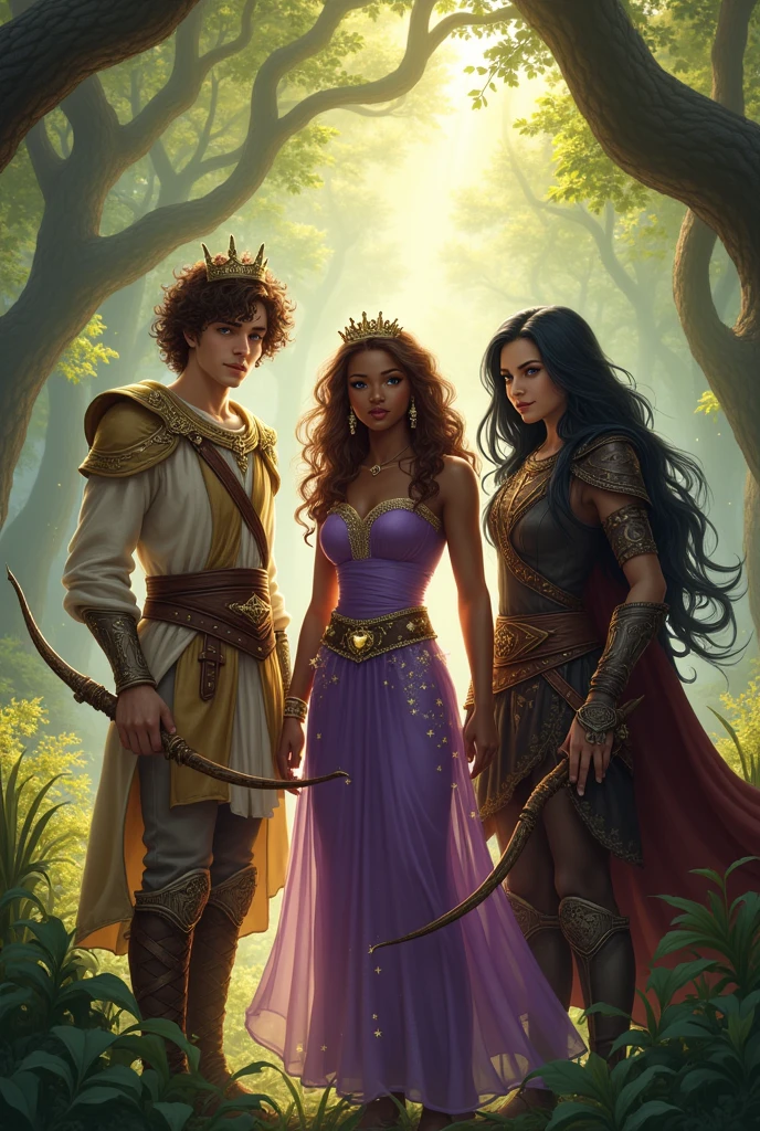 3 friends in an enchanted forest
1 17 year old man, brunette with curly hair, dressed like a prince wearing a prince's crown, no beard
1 black woman with long curly brown hair and bangs, she has magical powers in her hands and wears a purple dress with stars
1 white woman, with long black hair, and she is dressed as a warrior using a bow and arrow