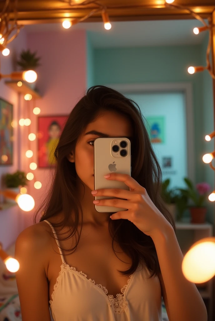 A girls mirror selfie. She must be 19-20 years old and Indian , she should be having fair complexion , the phone should be Iphone 13, her face should be hidden by the phone including both the eyes should also be hidden
