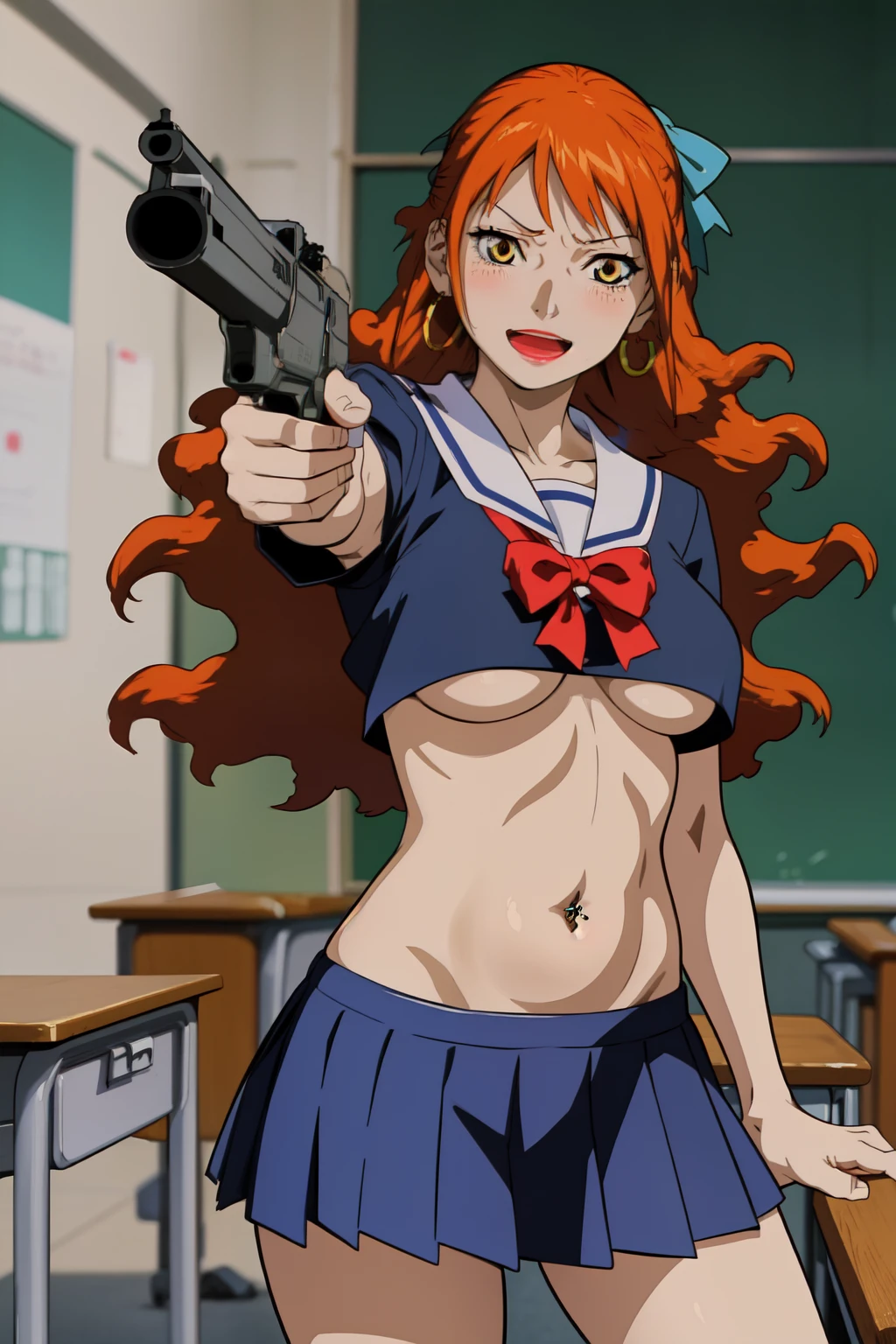 momomi, medium breast, 
blush, lipstick, jewelry, earrings, Hot girl, baddie, mean girl, sensual, attractive, masterpiece, best quality, highly detailed, a anime girls in sailor uniforms with a gun posing for a picture,
evil smile, smile, open mouth,black_serafuku, ecchi anime style, anime girls , (nsfw) not safe for work,
ecchi style, ecchi, shipgirls, digital anime art!!, high school girls, holding a gun, hold a gun, anime style 4
k, micro skirt, exposed belly, exposed navel, exposed midriff, holding pistol,underboob,
exposed lower belly,school, classroom, navel piercing