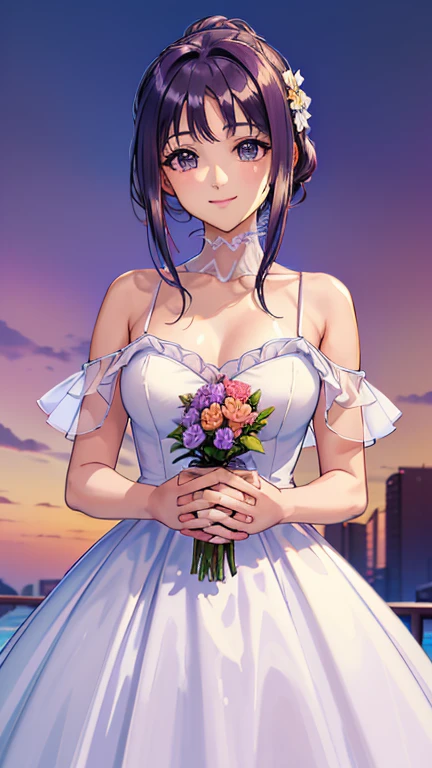 (highest quality:1.2, Very detailed, up to date, Vibrant, Ultra-high resolution, High Contrast, masterpiece:1.2, highest quality, Best aesthetics), Portraiture、girl、((25-years-old:1)), (wedding dress:1.3), holding a bouquet, Bright colors、Beautiful fine details、Beautiful lip detail, long hair、black and purple ((streaked hair:1.6)), highlights hair: 1.5, brown eyes, gold earrings, ((slim body:1.4)), (small breast:0.7), (dark skin:0.5)), inside the charch, spot light, (cowboy shot:1.5),