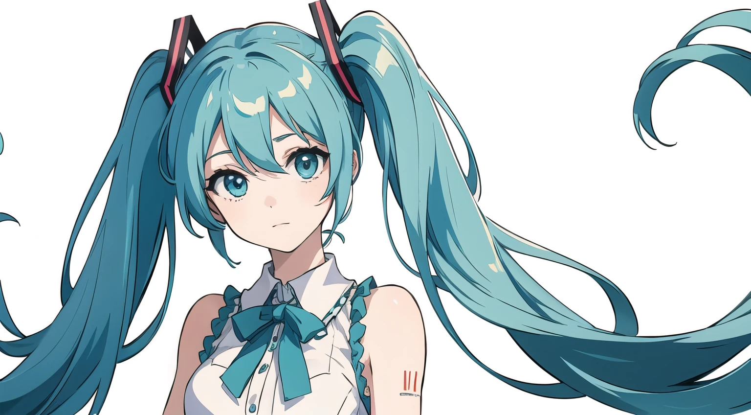 masterpiece, Highest quality, Super detailed, Hatsune Miku, Eyes that shine with hope, Casual and natural summer outfit, White background, Minimalist composition