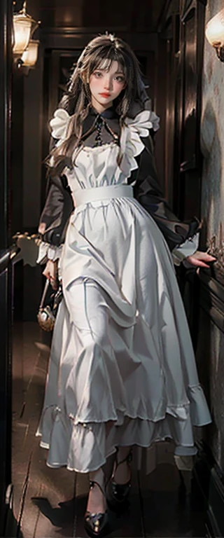 masterpiece、highest quality、High resolution、photorealistic、High resolution、Raw photo、(A maid standing in the hallway of a luxurious mansion)、((1girl、Young woman hiding in the corner of the hallway、detailed face and eyes、beautiful face、ponytail、shiny skin、realistic skin texture、wearing a maid costume、hold a gun、dynamic pose、long sleeve、 big breasts、big ass))、((black maid dress、long sleeve、long skirt、white apron、headdress、high heels))、