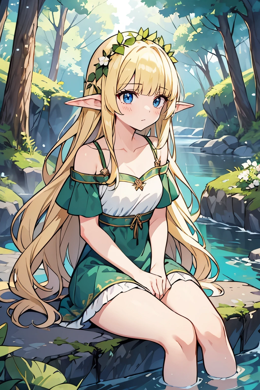 solo girl, (young female body:1.4), ( medium small breasts), cowboy shot, shy smile, flustered, yellow hair, extra long wavy hair, thick wavy hair, hime cut, very blunt bangs, yellow disheveled hair, light blue eyes, forest background, magical trees, river and rocks, elf ears, elf girl, white and leafy bottle green dress, dark forest green dress, off shoulder short sleeves, white flower crown, exposed collarbones, sitting on rocks by the river