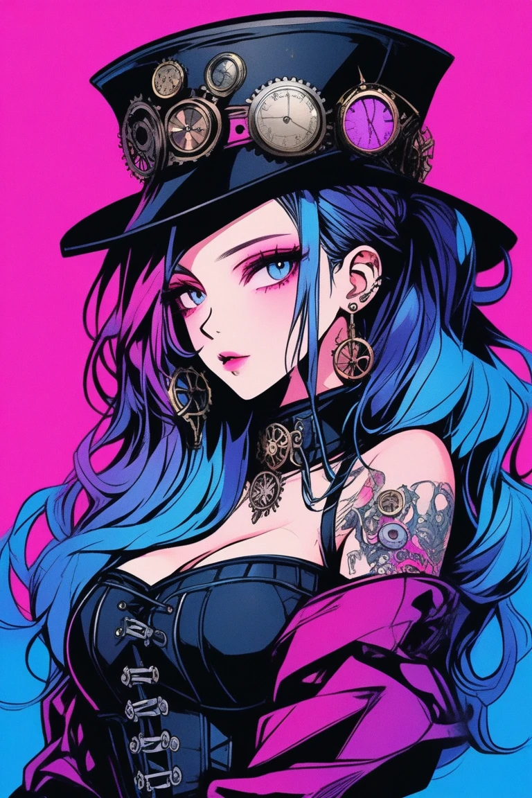 Illustrator, anime , Realistic ,sketch , 1 person, model, Portrait, lip, wearing gothic Steampunk hat, black corset jumper skirt, bare shoulder, order, Blue and pink gradient background, Neon colored hair, Big Breasts, (((Upper Body))), (((look back))), Sexy look, Sexy pose, Texture Trim, Russia, (masterpiece,Highest quality)