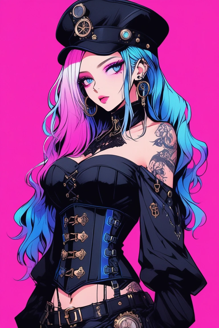 Illustrator, anime , Realistic ,sketch , 1 person, model, Portrait, lip, wearing gothic Steampunk hat, black corset jumper skirt, bare shoulder, black platform cowboy boots, order, Blue and pink gradient background, Neon colored hair, Big Breasts, (((Upper Body))), (((look back))), Sexy look, Sexy pose, Texture Trim, Russia, (masterpiece,Highest quality)