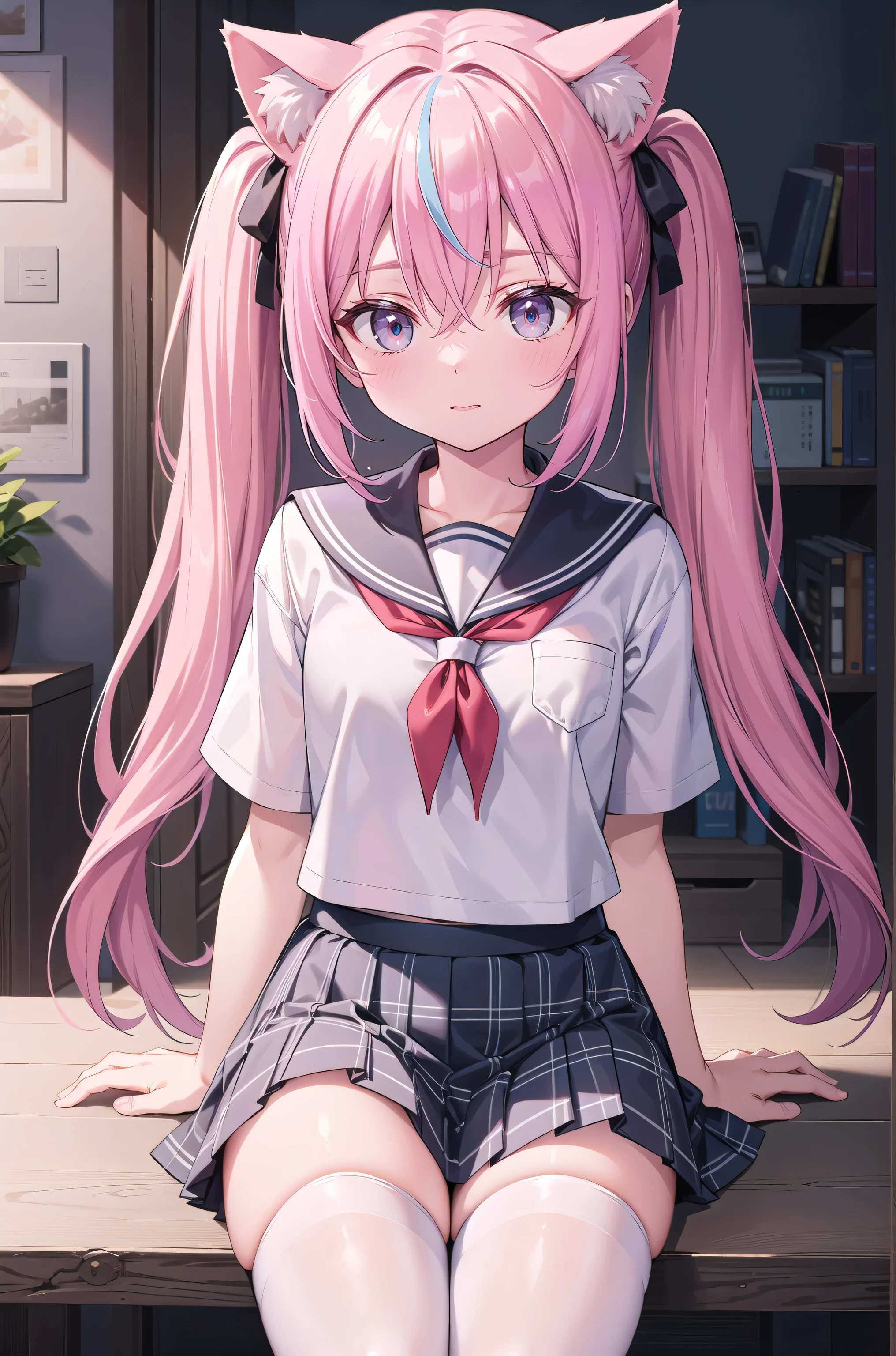 1girl, cat girl, Cat ears, grey hair, streaked hair, pink hair, long hair, hair between eyes, twintails, sailor collar,
highly_detailed, Beautiful eyes, extremely_detailed_CG_unity_8k_wallpaper, highres, absurdres, beautiful_detailed_eyes, finely_detailed_clothing, finely_detailed_light, highly_detail_hair_,
colorful, light rays, caustics, aistics, lens flare, bokeh, nsfw, A small chest, pink eyes, White silk stockings, JK Uniform Plaid Skirt, school uniform, Light pink mini skirt, ruffle, blush,
score_anime, score_9, score_8_up, masterpiece, beautiful scenery, illustration,