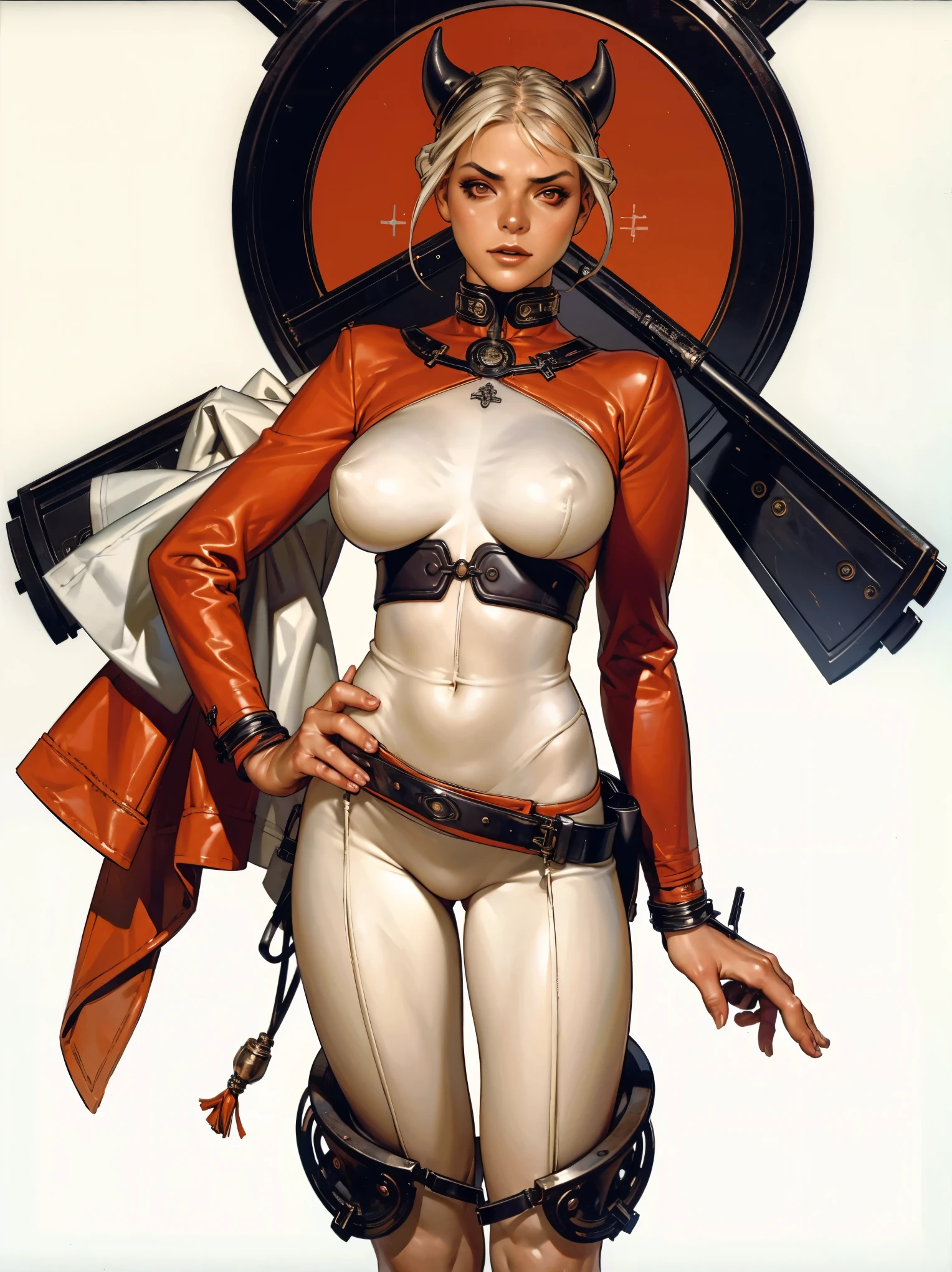 (((Annie Lennox))), ((( devil suit ))), (((she hellboy))), (((Bandaged body))), ((high collar)), (((red accents))), (((best qualityer: 1.4))), (Unbeatable masterpiece), (hiper HD),(CG 8k hyper-realistic), (((brave face))), (((breasts big))), (((hyper feminine))), sexly girl, Tron,（black bob hair)), ((( sculptural body ))), (((1 Kizi))), Kizi cibernética de 25 anos com perfectbody,,Beautiful and well-groomed face,muscular body:1.2,solid color detailed jacket, (Head to thigh photos)， Complex equipment, green dark，Long pants，Tight clothes are dark，With white stars and off-white stripes,,,,,Armor Metal Electronic Parts, Poison tattoos ) INFO, Kizi, (((standing alone))), pirralha violent, ((())), sexly, pose de atitude, work of art, post-apocalypse, (((manga style))), bounty hunter, violent, Manic, the way you want, slenderbody, thin but strong, perfectbody, roupa moderna, advanced technology, neon, sleeves with vertical striped pattern, neutral background, (( cowboy shot )). intricate visual