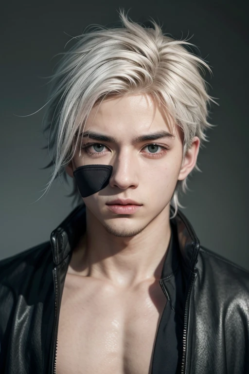 Young man with hair similar to Kakashi&#39;s, The green eyes, a beautiful smile, tall and strong with fair skin, slanted eyes but wears square black glasses. Wearing black cargo pants, white shirt and boots. It is in an open park with trees around it., on a clear day.
