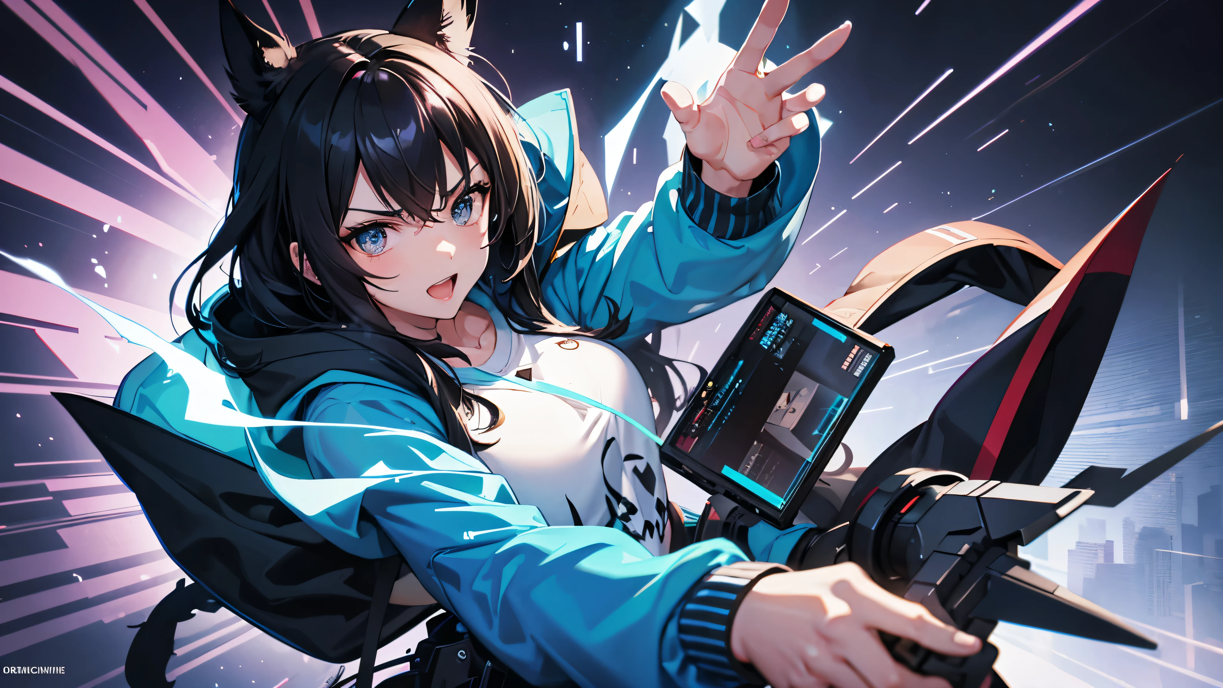 a cute girl with black hair, holding a gaming console, wearing a hoodie, serious yet happy expression, in a gaming room background, high quality, detailed, cinematic, digital art, vibrant colors, dramatic lighting, depth of field, intricate details, beautiful girl, extremely detailed eyes and face, longeyelashes, masterpiece, 8k, photorealistic, award winning, concept art, dynamic pose