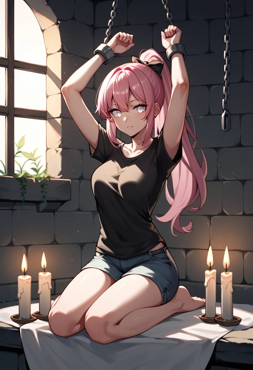 score_9, score_8_up, score_7_up, score_6_up, score_5_up, score_4_up, source_anime, 1girl, pink hair, ponytail, white eyes, bracelet, jewelry, w-w-chain, shackles, raise arms, black shirt, candles, day, dungeon, best quality, best res, 4K UHD,
 