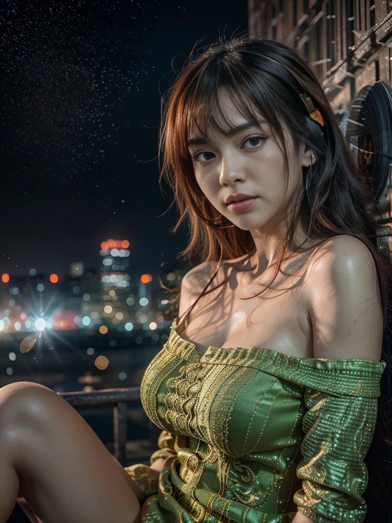 1 Korean woman aged 10 years, her skin is very white and clean, wearing a yellow crop top, biting her lip seductively, big breasts, and is in the year 2330 in a cyberpunk setting with glowing neon lights. The lens used is 35mm f/2.8.