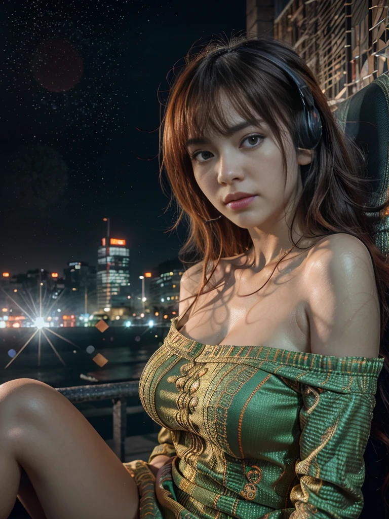 Anime 3D style, dynamic scene, wide angle shot, hyper-realistic oil painting, delicate features, a fierce red dragon twirling behind an young asian woman, red glow eyes, orange lace gothic, wearing headphones, wearing a crystal vivid orange dress and has long orange hair. motion line movements, bubbles. dynamic action pose, octane rendering, ray tracing, depth of field, super details. she is at the bottom of the sea. CG animation, highest quality, masterpiece, exquisite CG, hyper-realism. dynamic perspective creative angle cinematic 3D movie 16k